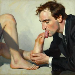 quentin tarantino licking a foot, licking!!!!'bare feet '!!!!! painting by jc leyendecker!! phil hale!, angular, brush strokes, painterly, vintage, crisp