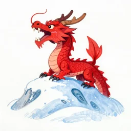 Very detailed drawing of a bright red dragon roaring on top of a snowy mountain, blue sky and big sun in the background, highly detailed, trending on artstation