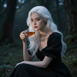a beautiful woman with white hair wearing a black dress is sitting in the forest holding a cup of tea, skeleton fingers, beautiful face, beautiful eyes, elegant, beautiful, dimly lit, dark sky, volumetric lighting, cinematic lighting, unreal engine, trending on artstation, style artgerm, by sam yang and luis royo and wlop and john howe
