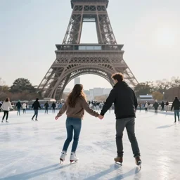 extreme long shot, landscape, man and woman with long brown hair ice skating in front of eiffel tower, soft lighting, soft aesthetic, cool pallet, soft focus, lens flare