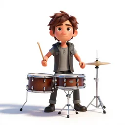 stern drummer with sticks, stylized pixar-style 3d render, full body, standing, isolated on a pure white background, centered, whole figure in frame, sharp focus, studio lighting