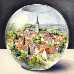 a town inside a glass bowl, aquarelle, highly detailed