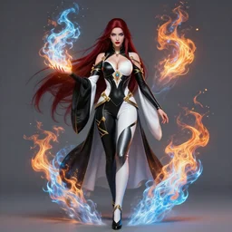 Full body Portrait of a female elementalist, black-white skintight robes!, leggins, golden accessories, garments, thick legs, dark red hair!, long straight hair, sculptured face, blue eyes, red lipstick, floating, orange fire/blue ice duality, dual magics, extremely detailed, by frank franzzeta, WLOP, Genzoman and gary gygax, trending on artstation, artstationHD, artstationHQ, deviantart, 16K, HD, matte painting, vibrant colors