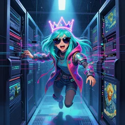 an angelic hacker with turquoise hair in vast cyberspace glitching through a vulnerable server, wearing sunglasses, wearing a neon crown, futuristic clothes, vibrant colors, rule of thirds, spotlight, drips of paint, expressive, passionate, by greg rutkowski, by jeremy mann, by francoise nielly, by van gogh, digital painting