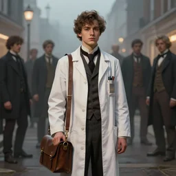 portrait of a young person named percy toplis dressed as a 1 8 8 0 s doctor carrying a small gladstone bag, nicoletta ceccoli, mark ryden, lostfish, hyung tae, frank frazetta, depth of field, detailed and intricate foggy london evening london environment, 8 k resolution, hyperrealistic, octane render