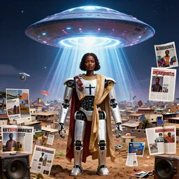 ROBOT of AJEGUNLE SLUMS of Lagos inside African JESUS CHRIST about BEAUTY surrounding large UFO within NEON rays of light, magazine collage,