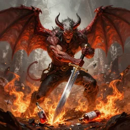 the witcher fighting a demon, broken sword!!, demon with wings, broken bottle of mutagen on the ground, fire detail, symmetrical, sharp details, highly detailed sword, digital painting, trending artstation, concept art, epic fantasy, cinematic lighting, vibrant colors, photorealism, epic, octane render.