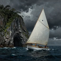 photorealistic mixed - media painting of a 1 9 2 5 seiner sailing near a short tropical cliff with the mouth of a sea cave at the waterline, dark, brooding, atmospheric, lovecraft, horror, smooth, epic, highly detailed, cinematic, by emily carr