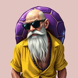 portrait of an old skinny ripped bald man with long white beard and mustache, purple turtle shell on his back, in sunglasses and oversized yellow hawaiian shirt, shorts and flip - flops, highly detailed illustration