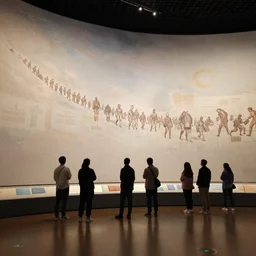 photo of an exhibit museum room, people looking at a big mockup depicting the full history of humanity, national art museum, scientific, ethereal, rule of thirds, megalophobia