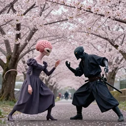 sakura bloomimg, alien brainsucker fights with cyberpunk samurais, sakura bloomimg, by rene magritte and katsuya terada, rococo, trending on artstation, cinematic lighting, hyper realism, octane render, 8 k, hyper detailed.