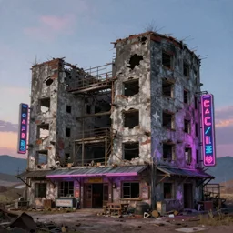 a beautiful photorealistic painting of tavern architecture abandoned unfinished building building by frederic edwin church, galactic tokyo cyberpunk neon signs tron at dawn uv light, archdaily, wallpaper, highly detailed, trending on artstation.