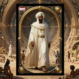 an african moor wearing white robes and turban in the valley of the kings, ornate steampunk stargate, front game card, marvel comics, dark, intricate, highly detailed, smooth, artstation, digital illustration by ruan jia and mandy jurgens and artgerm and wayne barlowe and greg rutkowski and zdislaw beksinski.