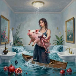 tall female emo artist holding a pig in her flooded bathroom, octopus, water gushing from ceiling, painting of flood waters inside an artist's bathroom, a river flooding indoors, pomegranates, pigs, ikebana, zen, water, river, rapids, waterfall, canoe, berries, acrylic on canvas, surrealist, by magritte and monet