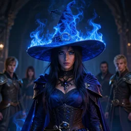 a fancy portrait of a beautiful dark magician women wearing a large witches hat covered in deep blue flames flames by Greg Rutkowski, Sung Choi, Mitchell Mohrhauser, Maciej Kuciara, Johnson Ting, Maxim Verehin, Peter Konig, final fantasy , mythical, 8k photorealistic, cinematic lighting, HD, high details, atmospheric,