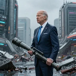 joe biden standing in the rain, looking out across the ruins of a sci fi city, holding a massive railgun, somber expression