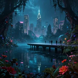 reclaimed by nature by pierre de meuron, tundra alien retrowave wilderness elysian bladerunner 2 0 4 9 uv light nightvision liberty city lightpaint magic realism atlantis lake tokyo assassin's creed myst at dawn otherworldly forest darkacademia flowers water windy, archdaily, wallpaper, highly detailed, trending on artstation.