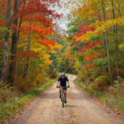 a painting of a person riding a bike down a dirt road surrounded by vibrant colorful trees, a hyper detailed matte painting by julian onderdonk, cgsociety, photorealism, reimagined by industrial light and magic, unreal engine 5, unreal engine, acid pixie