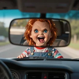 first person driving car with screaming chucky doll in rear view mirror