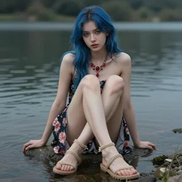 dslr photo of a pretty young woman, full bodied portrait, with blue hair, sitting the shallow part of a lake, wearing a flower skirt, and body and wearing hemp sandals and a very detailed ruby necklace around neck, artgerm, artstation, very high quality face, intricate details, highly detailed legs, feet, toes, fingers, extremely high quality, moody lighting, real camera, real photo, 8 k, full subject in shot