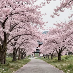A beautiful japanese landscape with sakura trees, apocalyptic style, Simon Stålenhag, 4k, ultrarealistic, octane render, volumetric lighting