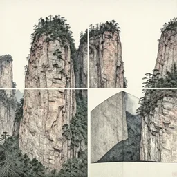 zhangjiajie national park by dan mumford and peter doig and edward hopper, symmetrical, minimal, black ink, thick lines highly detailed, muted colours 8 k
