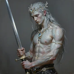 painting of pale lithe muscular oiled androgynous male warrior, long hair, carrying a sword, ultra realistic, concept art, intricate and ornate crystal jewelry, eerie, highly detailed, photorealistic, octane render, by artgerm and greg rutkowski and alphonse mucha.