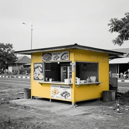small orange street food shop in the form of a typical indonesian small house near the highway that looks open with a yellow exterior and then there are several freezers in the shop, with posters of nuggets and sausages, unreal engine, portrait, tintype, side - view, f / 2. 8, black and white, high contrast, 1 6 k, lonely, perfectionism, halfre