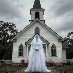 picture of ghostly bride in front of an old wooden white church, 1 9 th century southern gothic scene, taken by crewdson, gregory