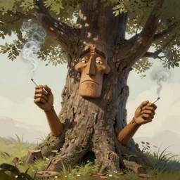 matt painting of an old tree that facial expressions, it's smoking a cigarette by it's wooden hands, in high detail, accurate, fantasy illustration, trending on artstation