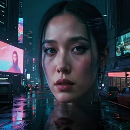 detailed face of a woman, moment, cyberpunk cloisters, electronic billboards, tech noir, wet reflections, atmospheric, ambient, pj crook, syd mead, livia prima, greg rutkowski, edward hopper