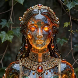 detailed portrait, cosmopolitan priestess, molten glassworks face sculpted features, neutron ember eyes, statuesque, glass skin, fiberglass hair, high collar, opulent, encrusted, jewel, refractions, chiaroscuro, organic impressionism, vine backdrop, natural colors, octane render