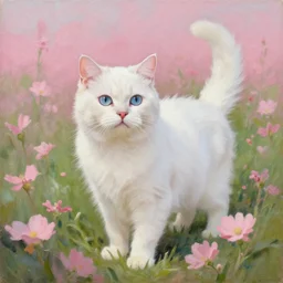 hyperrealism oil painting of a white cat in pink flowerfield