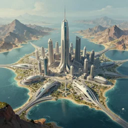 a futuristic city surrounded by water and mountains, a detailed matte painting by Jon McCoy and Zaha Hadid, trending on cgsociety, retrofuturism, matte painting, concept art, dystopian art
