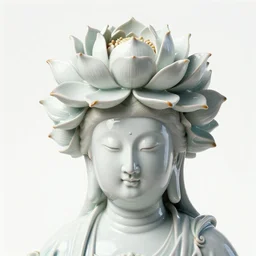 shiny, glazed, ming dynasty 3 d patterned, porcelain head of a woman, high resolution, fine details, the head is covered in giant white, detailed lotus flowers, by daniel arsham and james jean on a white background, trending on artstation, octane render, soft light