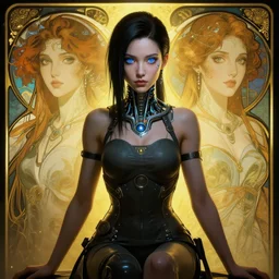 cyberpunk full shot, sitting, very detailed, cgsociety, artstation, female, dark hair, clean, symmetry, blue eyes, nice clothing, intricate, impossible beauty, golden ratio, eye implant bionic, ponytail, staring in the void, art by krenz cushart and artem demura and alphonse mucha