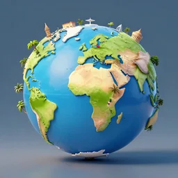 llustration of the globe with famous tourist attractions on it in 3 d, 3 d render, smooth, illustration