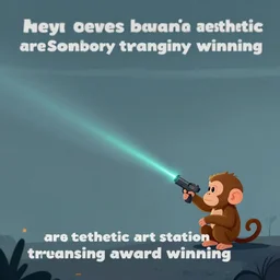 “ small monkey with laser gun in large empty space, digital art, super aesthetic, art station trending, award winning ”