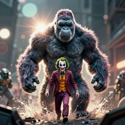 portrait of king kong the joker in gears of war, splash art, splash art, movie still, cinematic lighting, ray tracing, octane render, long lens, shallow depth of field, bokeh, anamorphic lens flare, 8 k, hyper detailed, 3 5 mm film grain