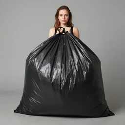 kyrsten sinema dressed up as a large black plastic garbage bag with drawstrings, ultrarealistic