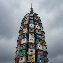 close - up view of a tower made up of makeshift squatter shacks with faded colours, moody cloudy sky, uneven fog, dystopia, mamiya, f 1 1, fully frontal view, very detailed, photographed by jeanette hagglund