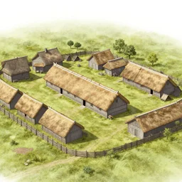 reconstruction of viking age settlement, longhouse surrounded by outbuildings with thatched roofing, farms with wattle fencing, in the style of mats vanehem