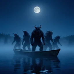 monsters on boat on the middle of lake, fog, moon, night sky, stars, deep blue mood, by stanley kubrick