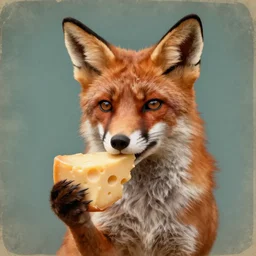 Fox holding a slice of cheese, hyperrealistic, digital art, vintage art