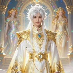 fullbody portrait of a young male hero with strange hairs, soft smile, baroque cloth, luminous scene, final fantasy and legue of legends champion, by chengwei pan and alpfons mucha, gradient white to gold, in front of an iridescent magical building background, highly detailed portrait, digital painting, smooth, focus illustration