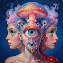 3 d, huge minds eye, exploding mushroom cloud, jellyfish nervous system suspended in rainbow liquid paint neural network, dan mumford, moebius, symmetrical, pink and blue smoke, sun rays, sweat skin, liquid red metal, poster art, high detail, intricate oil painting, multiple exposure, deep blue mood, hyperrealism, beeple