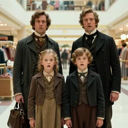 sharp, highly detailed, 16k, 65mm film, high quality frame scan from a sci fi blockbuster color movie made in 2019, a family of four time travelers from 1860 travel in time to 2019, appearing in a shopping mall, looking surprised, the family are all wearing 1860s era clothes, good lighting, in focus, cinematic still, high quality scan, in focus, 35mm lens, realistic faces and details, oscar winner, award winning lighting, award winning photography, ultra high definition