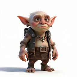battle-worn goblin tinkerer, stylized pixar-style 3d render, full body, standing, isolated on a pure white background, centered, whole figure in frame, sharp focus, studio lighting