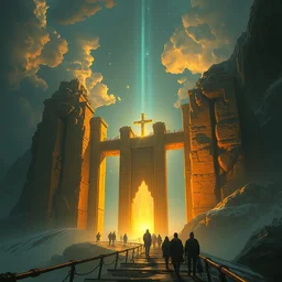 proud gate of golgotha portrait in rms lusitania, greg rutkowski, rhads, ferdinand knab, makoto shinkai lois van baarle, ilya kuvshinov, rossdraws, tom bagshaw, global illumination, intricate, detailed, atmospheric lighting, golden hour, in antral plane with light beings