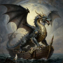 A majestic gothic nautical dragon, by Ivan Aivazovsky, by Caravaggio, by Greg Rutkowski, masterpiece, oil on canvas, trending on artstation, top on pixiv, cinematic composition, dramatic scene, beautiful lighting, artgem, aesthetic!, planetary landscape, concept art, sharp, high details, hyper-detailed, astrophotography, no frames, 8K
